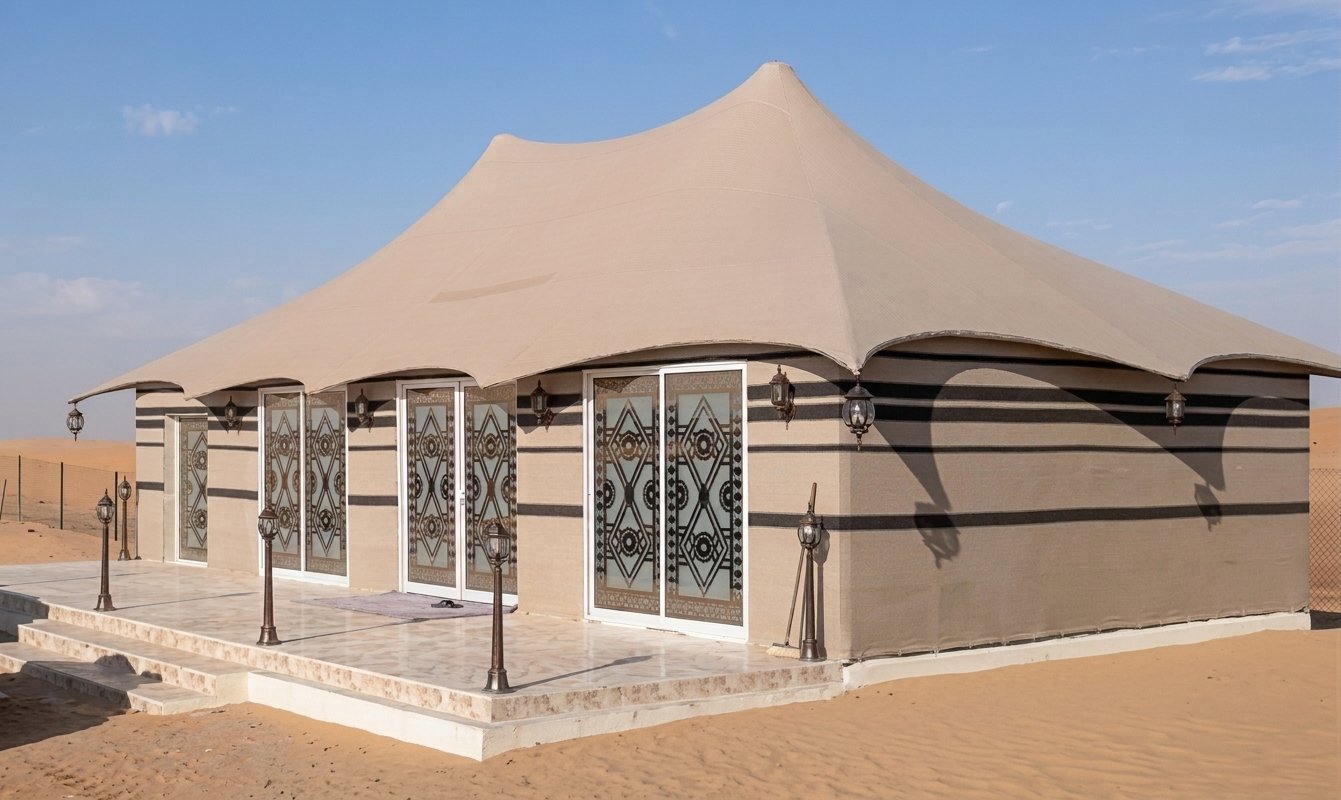 modern arabic malaki tent in desert